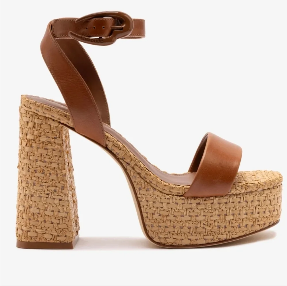 LARROUDE VERONA DOLLY PLATFORM HEEL CARAMEL/RAFFIA 9